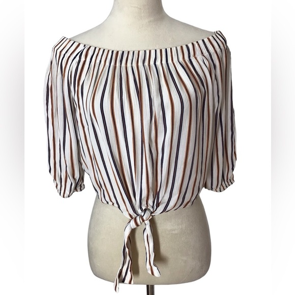 Pull & Bear Boho Striped Cropped Tie Front Blouse Size Medium - Picture 1 of 5
